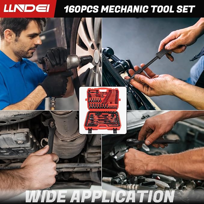 LLNDEI 160Pc Mechanics Socket Set 1/2 1/4 3/8" Drive Metric | CR-V Deep & Shallow Sockets, Metric, Quick Release Ratchet, Professional Tool Kit for Auto Repair, Truck, Garage & Home DIY