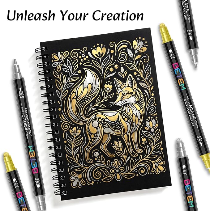Betem 6 Gold&Silver Dual Tip Acrylic Paint Markers, Fabric Decorating Kits Premium Water-Based Acrylic Paint Pens Art Supplies for Fabric, Rock, Wood, Glass, Canvas, Ceramic, Teacher Appreciation Gift
