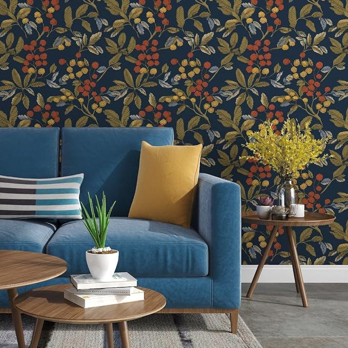 Navy Floral Leaf Vintage Green Wallpaper Peel and Stick 17.5"x118" | Self Adhesive/Removable/Waterproof/Thick Vinyl Contact Paper for Bathroom Bedroom Shelf Cabinet Drawer,Prepasted,Easy Peel