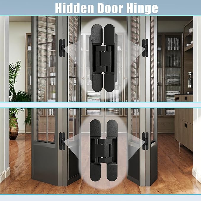 Hidden Door Hinge, 2 Pcs, Rotating Silent Design - Concealed Invisible Hinges Perfect for Invisible, Secret & Bookcase Doors, Ideal for DIY Carpenter, 3-Way Adjustable, Side Mount, 6in