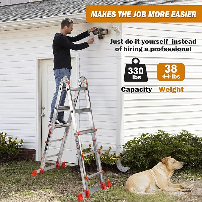 Soctone Ladder, A Frame Extension Ladder, Multi Position with Stabilizer Bar, 330 lbs Weight Rating Telescoping Ladder for Household or Outdoor Work, 14 Ft, Orange