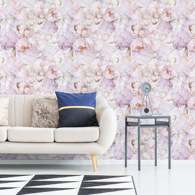 VEELIKE Lavender Pink Peonies Floral Wallpaper Vintage Floral Peel and Stick Wallpaper for Bedroom Bathroom 17.7''x118 Removable Lavender Wall Paper Self Adhesive Pink Contact Paper for Walls Cabinets