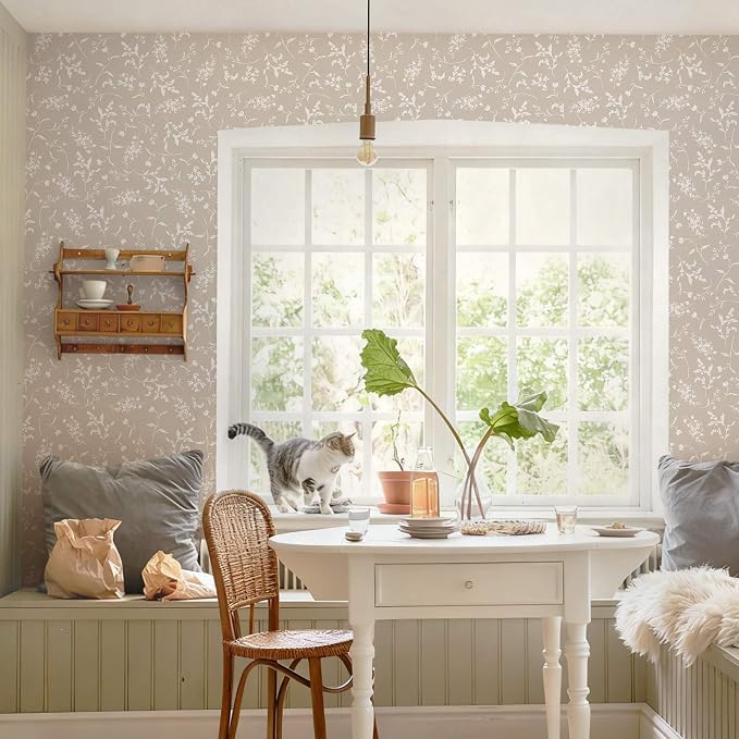 Ismoon Floral Wallpaper Peel and Stick Brown Neutral Contact Paper Wildflowers Leaf Stick on Wall Paper Textured Removable Self Adhesive Vinyl Wallpaper for Bedroom Bahtroom Wall Decor 17.3x196in