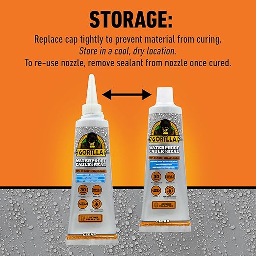 Gorilla 100% Silicone Caulk, Waterproof Sealant, 2.8oz Squeeze Tube (Pack of 1) – Clear -10 Year Mold Resistant Kitchen, Window, Bath, Marine, Door and More