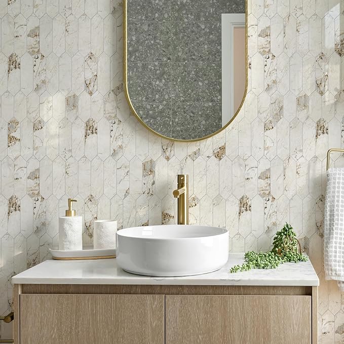 Vamos Tile Glossy Pandora Marble with Gold Veining Backsplash Tile Peel and Stick, 12.8 x 12.8 Inch 10 Sheets Long Hexagon PVC Self Adhesive Mosaic Tiles Stick on Backsplash for Kitchen and Bathroom