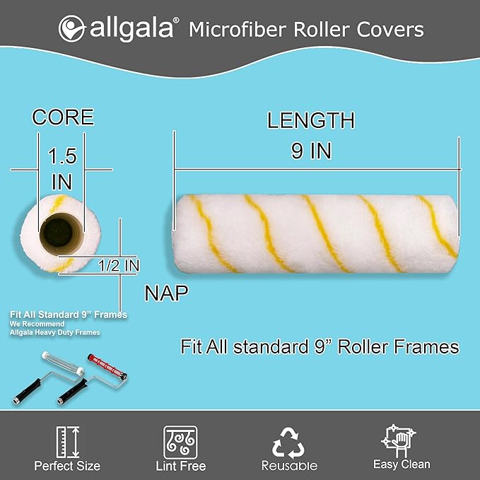 Allgala Paint Roller Covers, 144 Case Pack 9 Inch Shedless Lint Free Painter Roller Covers 1/2 in Roller Naps for Paint Roller Kit for House Painting and Professional Projects