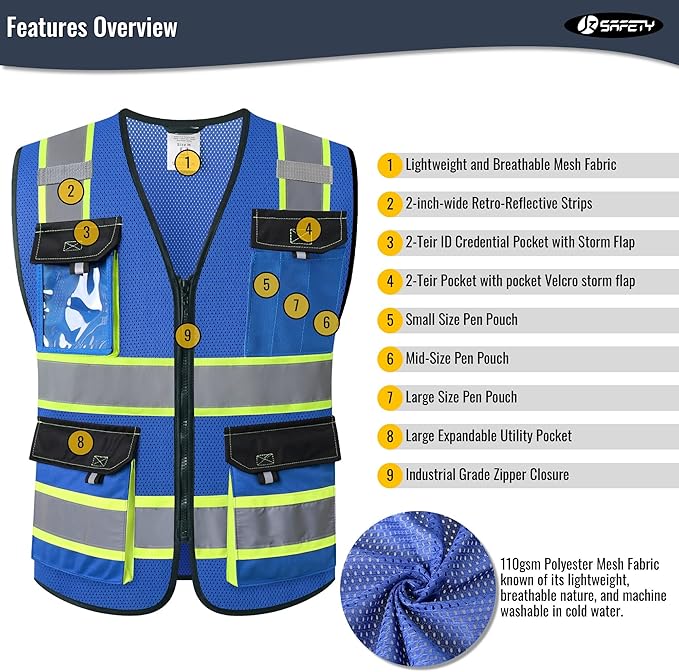 JKSafety Hi Vis Reflective Safety Vests for Men Women High Visibility Vest with Pockets Mesh Fabric Construction Safety Apparel Neon Vest for Work (220-Blue S)