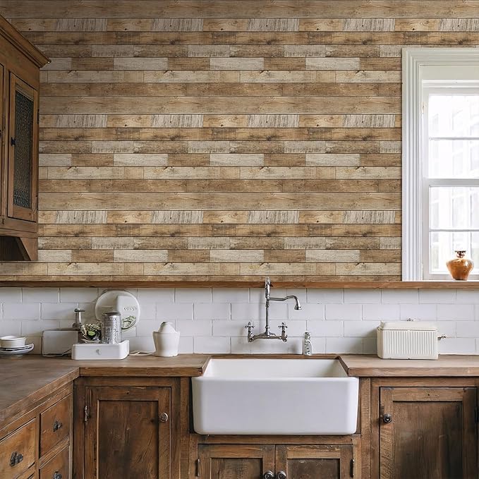 COMSTICKC Peel and Stick Faux Wood Wall Sticker Wall Panels, 10 Pcs of 12" x 12", Not Real Wood, Ultra-Light Thin PVC 3D Fake Wood Shiplap Self-Adhesive Wall Covering Wallpaper Interior Decor