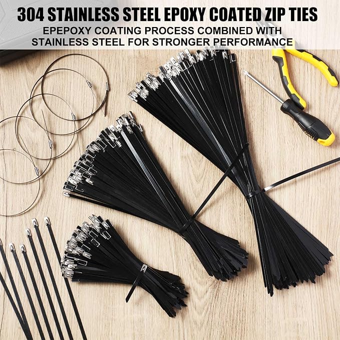 Pelopy 300 Pcs 6", 10", 14" Metal Zip Ties Black 304 Stainless Steel Zip Ties Epoxy Coated Tie Heavy Duty Cable Self Locking Cable Multi Purpose for Machinery Vehicles Exhaust Wrap Outdoor Fence Farms