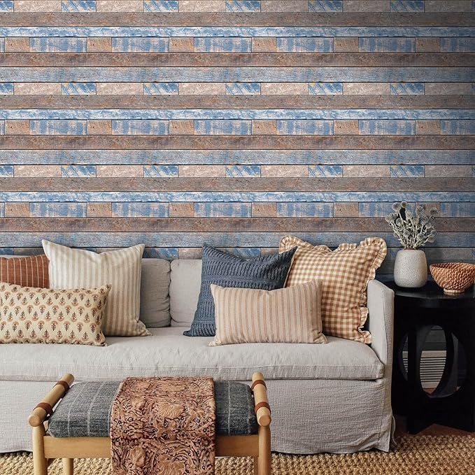 COMSTICKC Peel and Stick Faux Wood Wall Sticker Wall Panels, 10 Pcs of 12" x 12", Ultra-Light Thin PVC 3D Fake Wood Shiplap Self-Adhesive Wall Covering Wallpaper for Interior Farmhouse Decor