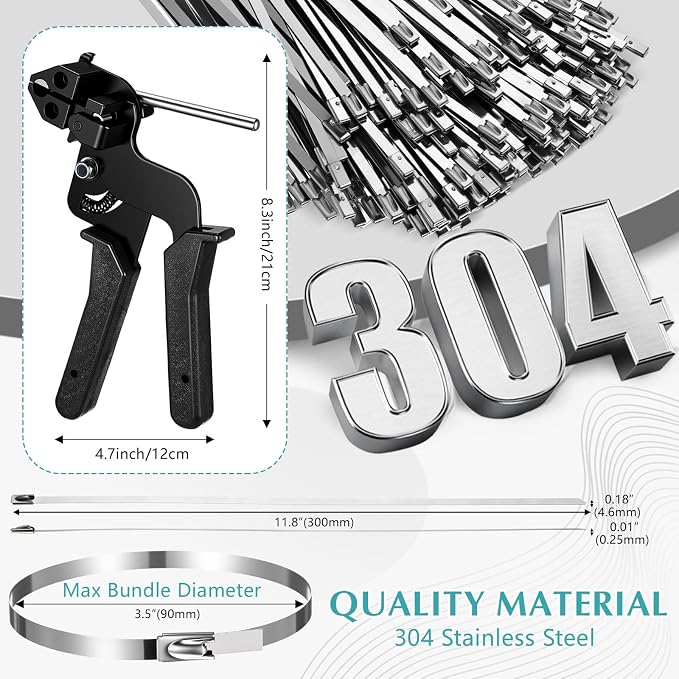 LEIFIDE Stainless Steel Cable Tie Gun Set 200 Pcs 11.8 Inch Heavy Duty Metal Zip Tie Adjustable Fastening Cutting Tool for Outdoor Exhaust Wrapping Fence Workshop(Silver, Black)