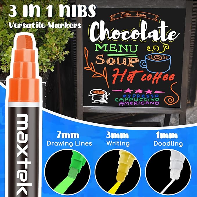 Jumbo Liquid Chalk Markers for Car Window, 12 Colors, Washable, 3 in 1 Nib for Glass, Mirror, Chalkboard, Blackboard, Signs