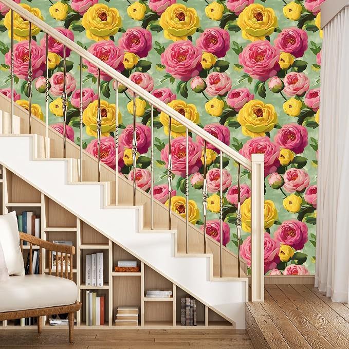 BOKEBEVE Floral Wallpaper Peel and Stick Boho Pink Green 17.5 x 393.7In | Extra Long Removable Renter Friendly Colorful Watercolor Wall Paper for Bedroom Bathroom Living Room Feature Accent Wall