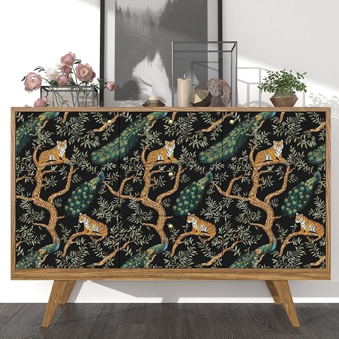 Black Vintage Peacock Tiger Peel and Stick Wallpaper 17.5" x 78" | Waterproof Vinyl Self Adhesive Removable Renter Friendly Floral Contact Paper