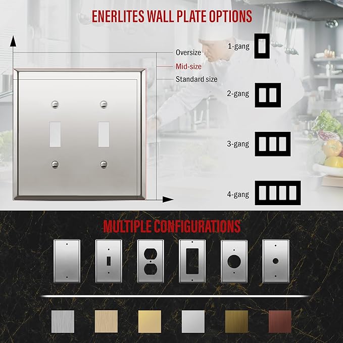 ENERLITES Dual Toggle Light Switch Metal Wall Plate, Stainless Steel Switch Cover, Corrosion Resistant, Mid-Size 2-Gang 4.88" x 4.92", Stainless Steel 201, 7712M-PC, Polished Chrome