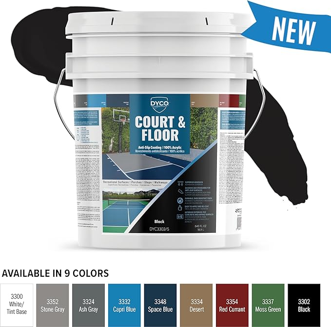 DYCO Court & Floor Anti-Slip Coating - Slip-Resistant Pavement, Cement & Concrete Paint for Pickleball, Tennis & Basketball Courts, Exceeds ADA Standards for Safety Areas (Black, 5 Gallons)