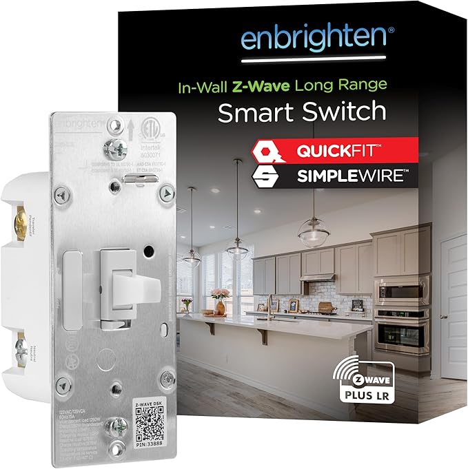 Enbrighten 800 Series Z-Wave On/Off Toggle Switch, Long Range 800LR, Quick Fit, Simple Wire, Direct 3-Way (No Add-On Switch Needed), Smart Hub Required, Compatible with Alexa, Google Home, 76592