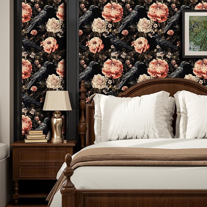 ILHIIOR Black Crow Floral Peel and Stick Wallpaper 17.5 x 118 Inches | Leaf Removable Self Adhesive Waterproof Contact Paper, Renter Friendly Decor for Cabinets, Drawers & Bedroom Walls