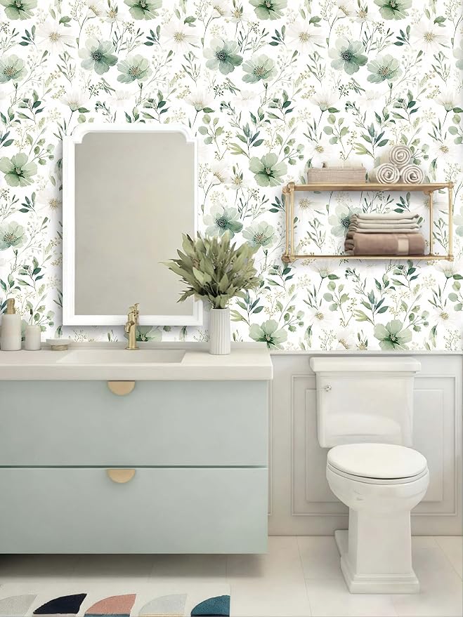 Sage Green Floral Peel and Stick Wallpaper 17.7" x 70.8" | Thick removable watercolor natural flower design for renters and bedroom accent walls