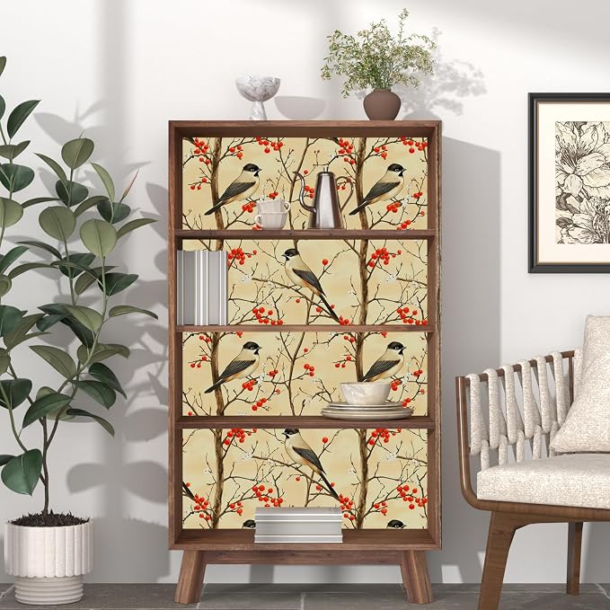 Yellow Bird Wallpaper Peel and Stick, Vintage Tree Botanical Contact Paper 17.5" x 393", Retro Floral Fruits Wall Paper Self Adhesive Removable Waterproof for Bedroom Walls Shelf Cabinet Drawer Table