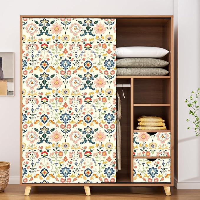 ILHIIOR Pink Floral Peel and Stick Wallpaper Boho Leaf Contact Paper Yellow Flower Removable Self Adhesive Waterproof Wall Paper for Cabinet Drawers Wall Decor Renter Friendly 17.5''x393''