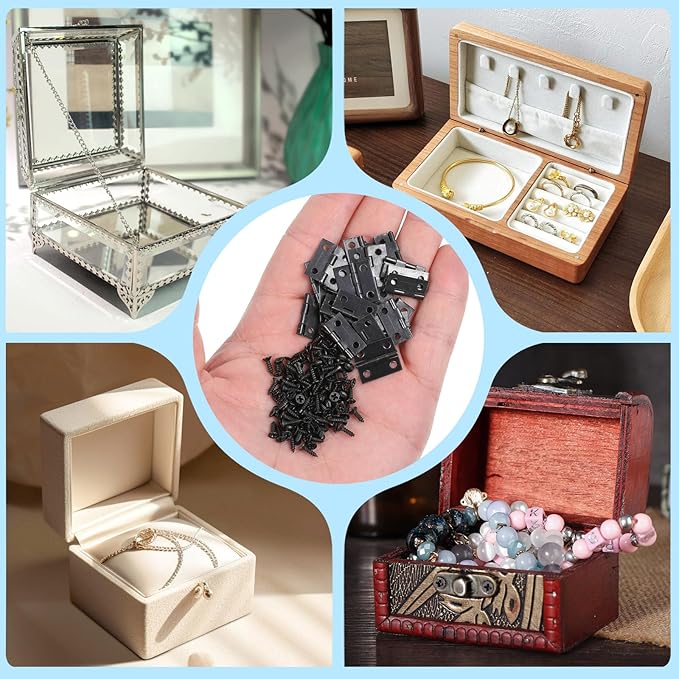 50 Sets Small Hinges with Screws, 18 X 15mm Black Metal Mini Hinges for Crafts Jewelry Box Hinge with 200 Screws, Retro Jewelry Folding Butt Tiny Hinge Hardware for DIY Crafts Wood Picture Frame