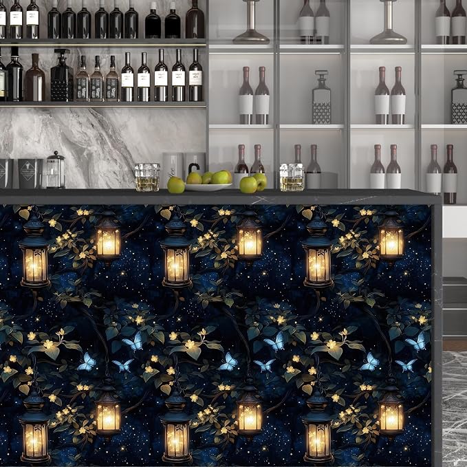 Night Forest Wallpaper Peel and Stick Dark Contact Paper Vintage Green Leaf Wall Paper Vinyl Waterproof Self Adhesive Retro Lantern Butterfly Walls Mural for Bedroom Cabinet Table Décor17.5" x 393"