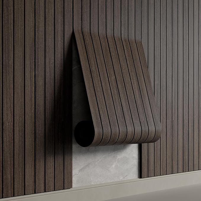 YU LI 3DH Peel and Stick PVC Slat Wall Panel 118"x15.75" Self-Adhesive Thick Faux Smoked Wood Grain Wallpaper Panel 3D Soundproof Wall Panels for Walls & Ceilings