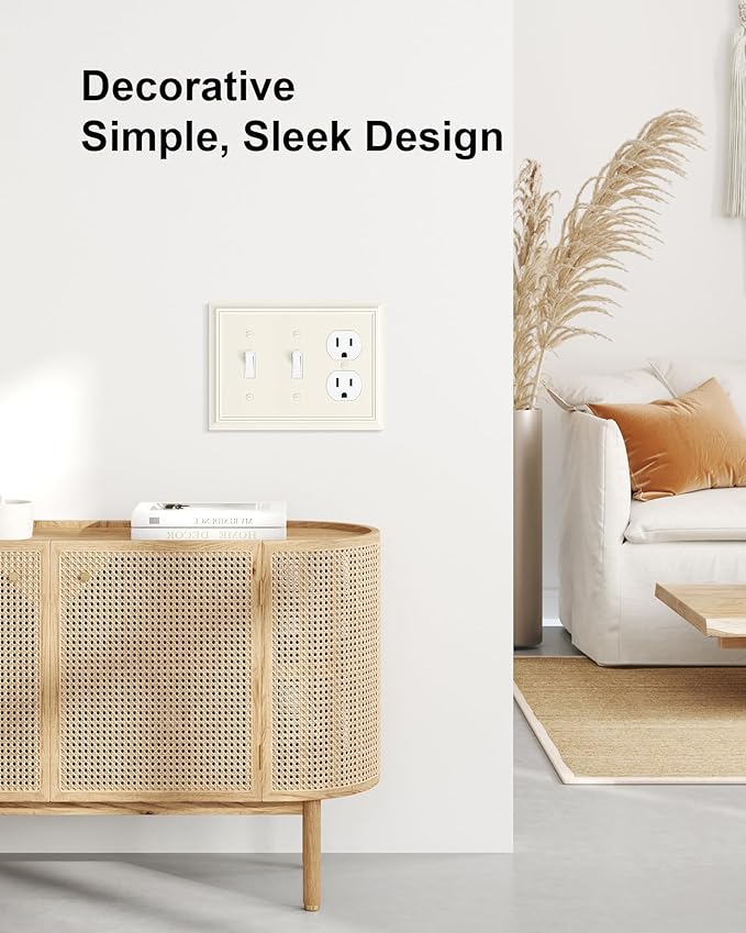 2-Pack Combo Double Toggle/Duplex Outlet Covers, Light Almond Switch Plates and Outlet Covers, Natural Bamboo Fiber Wall Plates for Electrical Outlets, 3 Gang Receptacle Cover, Corrosion Resistant