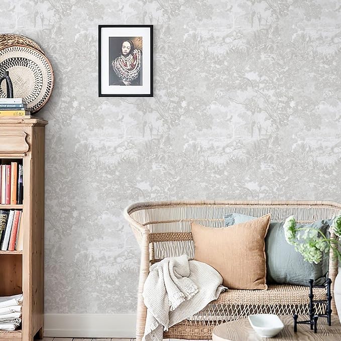 Ismoon Gray Peel and Stick Wallpaper Neutral Wall Paper 17.3in×6.56ft Vintage Removable Self-Adhesive Wallpaper Animals Jungle Contact Paper for Cabinets Bathroom Walls Covering Vinyl Roll