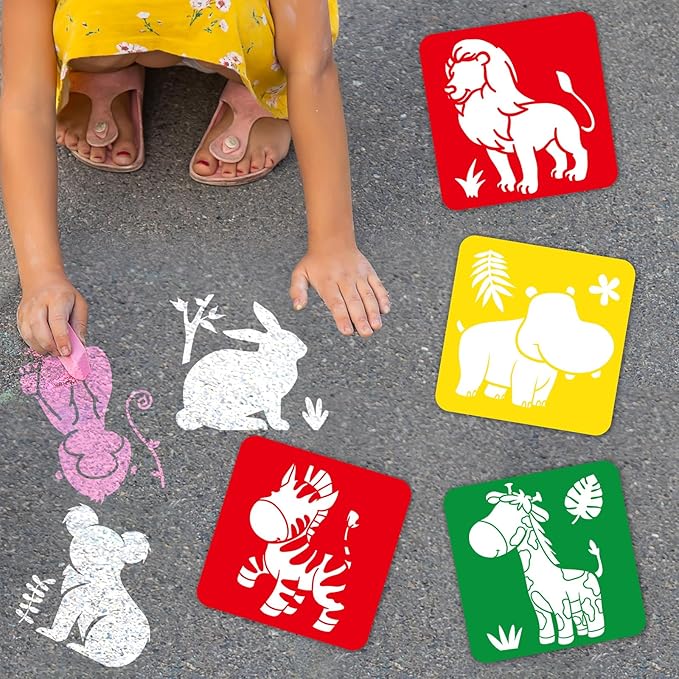 36pcs Animal Drawing Stencils for Kids 8 Inch Sidewalk Chalk Stencils Painting Large Washable Reusable Jungle Animals Themed Primary Shape Template for Kids Toddlers Preschool