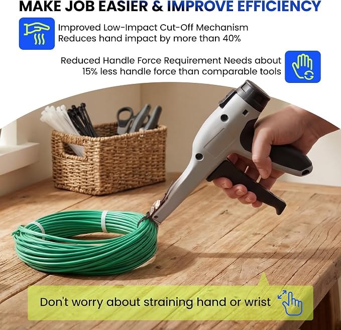 Low-Impact Cable Tie Gun for Plastic & Nylon Zip Tie, Replace Panduit GTS-E, Ergonomic Zip Tie Gun with Adjustable Tension, 16-Position Knob, Flush Cut, Low Handle Force, Fits 8-50 lb Cable Ties