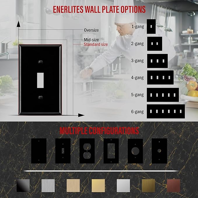 ENERLITES Toggle Light Switch Metal Cover Plate, Wall Plate, Corrosion Resistant, Standard Size 1-Gang 4.50" x 2.76", Powder Coated Stamped Steel, 7711-BG, Black Gloss