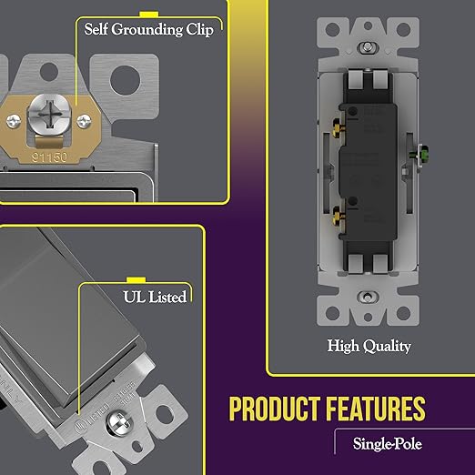 ENERLITES Elite Series Decorator Switch, Paddle Rocker Light Switch, Single Pole, 3 Wire, Grounding Screw, Residential Grade, 15A 120V, UL Listed, 91150-SG, Space Gray, 10 Pack