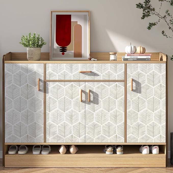 MelunMer Geometric Peel and Stick Wallpaper Boho Beige White 17.3''×591'' | Beige Modern Self Adhesive Removable Wallpaper for Bathroom Waterproof Cabinets Drawer, Decor Easy to Install Renter Friendly