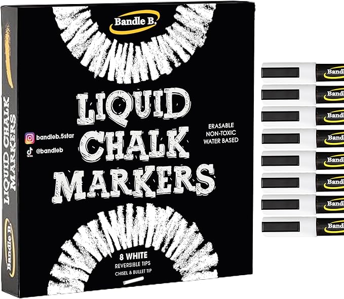 Bandle B. Chalk Markers - 8 White, Erasable, Non-Toxic, Water-Based, Reversible Tips, Crisp White For Kids and Grown-Ups for Glass and Chalkboard Markers for Businesses, Restaurants (6mm)