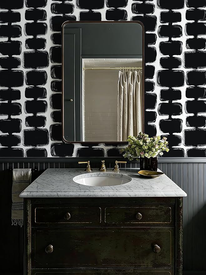 Safiyya Peel and Stick Wallpaper Black and White Contact Paper Mid Century Modern Abstract Geometric Wall Paper Self Adhesive Removable Wallpaper for Bathroom and Bedroom Vinyl 17.3"x78.7"