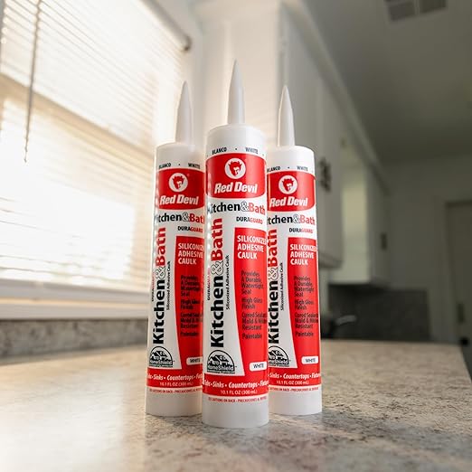 Red Devil 0405 Silicone Acrylic Caulk & Sealant, 100% Waterproof, Paintable, White Caulking for Kitchen, Bathroom, Window, With Duraguard, 5.5 oz, White, Made in USA