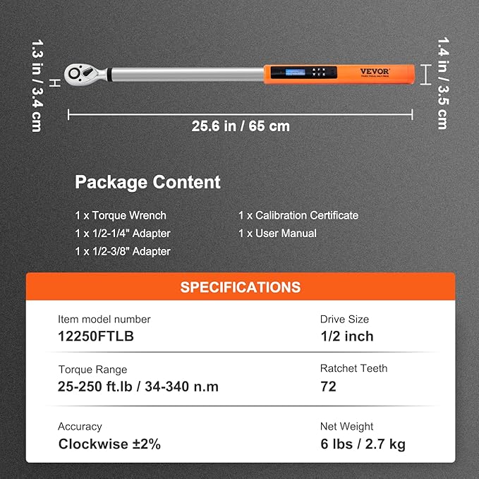 VEVOR Digital Torque Wrench 1/2" Drive(25-250ft.lb/34-340n.m), ±2% Torque Accuracy, 3-Mode Adjustable Electronic Torque Wrench with LED Buzzer Calibration
