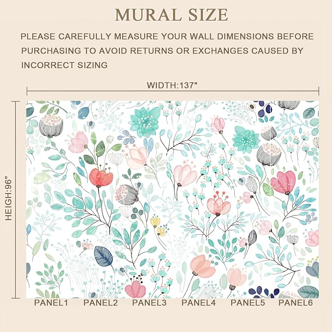 MFWFM Minimalist Floral Peel and Stick Mural Wallpaper Flowers Wall Mural | 137"x96", for Bedroom Living Room Bathroom, Self Adhesive Canvas