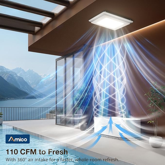 Amico Bathroom Exhaust Fan with Light, 110 CFM, 1.0 Sones, 5CCT, 1000LM, Easy Install, Ceiling Mount Bathroom Fan, Adjustable Bath Exhaust Vent with light, ETL & FCC Certified