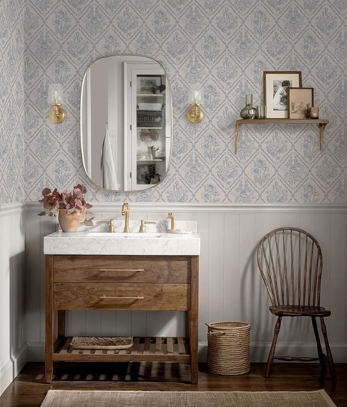 Toduso Peel and Stick Wallpaper Vintage Wall Paper Boho Contact Paper Blue Removable Wallpaper for Kitchen Bathroom Bedroom Floral Waterproof Self Adhesive Vinyl Drawer Decor 17.3"x78.7"