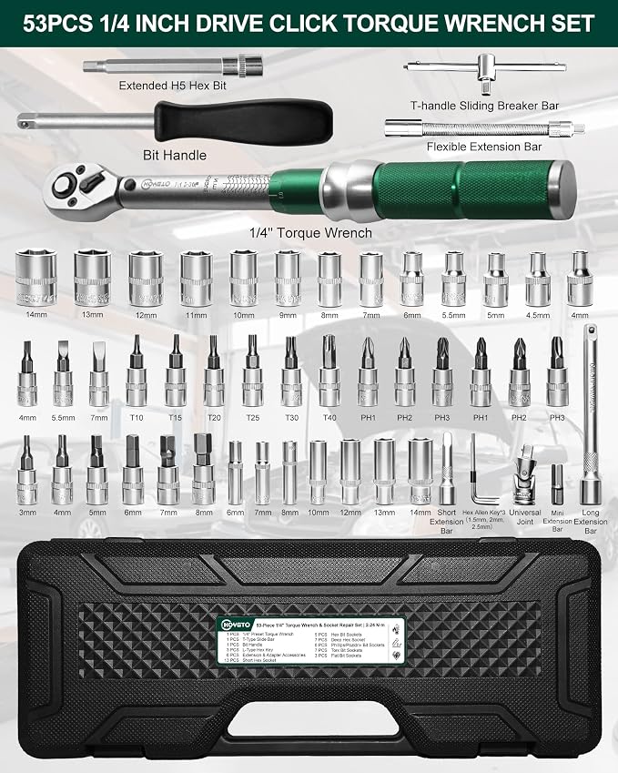 1/4" Drive 53Pcs Click Torque Wrench Set, 2-24 Nm | ±3% High Precision 72-Tooth Reversible Cr-V Tool for Auto, Motorcycle & Bicycle Repair with Storage Case