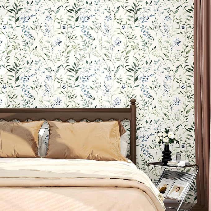 ILHIIOR Blue Leaf Wallpaper Boho Peel and Stick Wallpaper Green Leaf Vintage Contact Paper White Floral Wall Paper Removable Wallpapers Self Adhesive for Cabinet Drawers Wall Decor 17.5''x393''