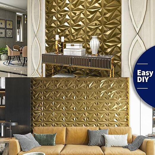 33 Pack 3D Wall Panel Diamond for Interior Wall Décor, PVC Textured Wall Panels, 12''x12'' Cover 32.Sq.Ft. Golden