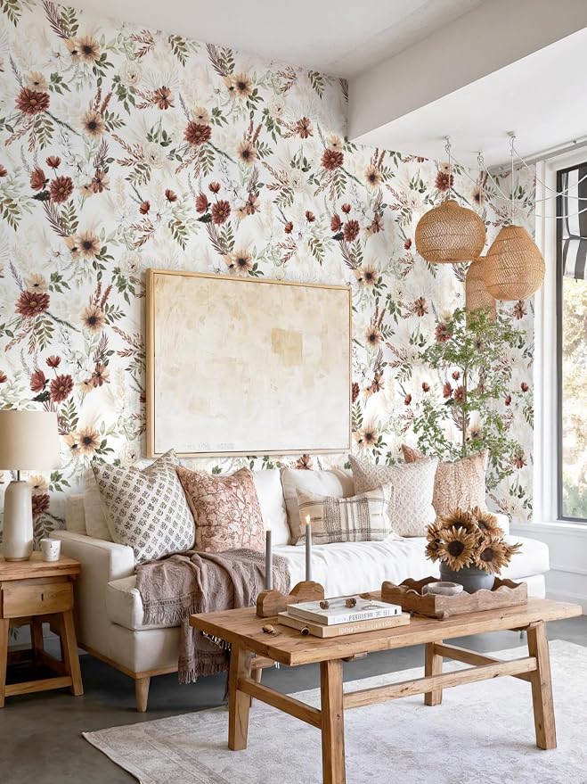 Dimoon 17.3''x393'' Floral Peel and Stick Wallpaper Vintage Beige Antique Contact Paper Bathroom Village Country Cottage Wallpaper Farmhouse Renter Friendly Geometry Waterproof Kitchen Bedroom Vinyl