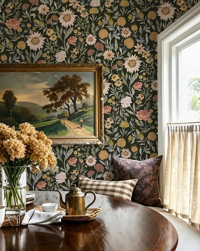 Dimoon Vintage Peel and Stick Wallpaper Boho Dark Floral Contact Paper 17.3''x394'' Retro Rustic Pink Removable Wall Paper Renter Friendly Texture Black Wallpaper for Bedroom Bathroom Cabinets Vinyl