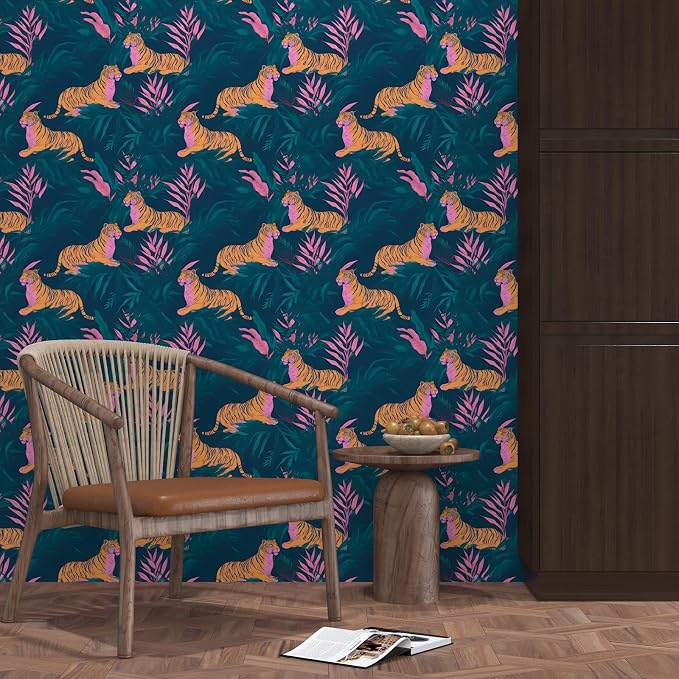 BOKEBEVE Tropical Tiger Wallpaper Peel and Stick Green Pink 17.5 x 118In | Removable Self Adhesive Renter Friendly Jungle Tiger Wall Paper for Bedroom Bathroom Living Room Feature Accent Wall