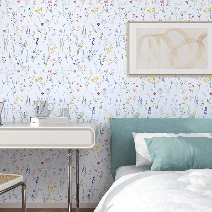 ILHIIOR Colorful Floral Peel and Stick Wallpaper Boho Leaf Contact Paper White Floral Removable Self Adhesive Waterproof Wall Paper for Cabinet Drawers Wall Decor Renter Friendly 17.5''x393''