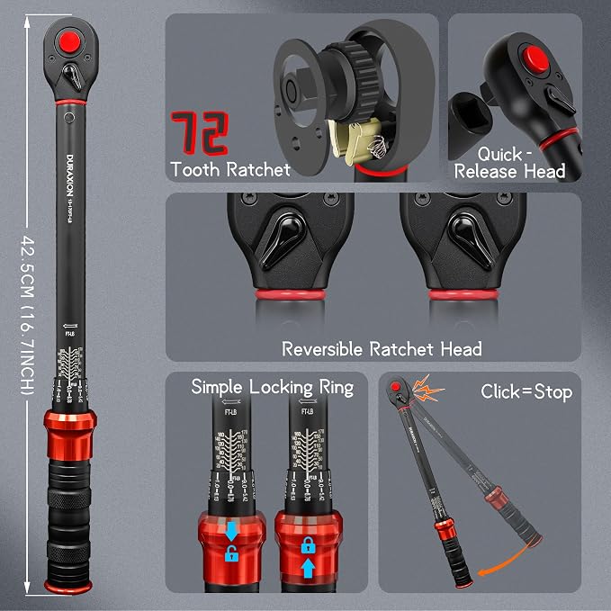 23PCS 1/2-Inch Drive Torque Wrench Set, 10-170FT.LB/13.6-230.5Nm | Click Torque Wrench with Sockets, 72-Tooth Dual-Range, ±3% Precision Adjustable Torque Wrenches for Cart, Motorcycle, Lug Nut